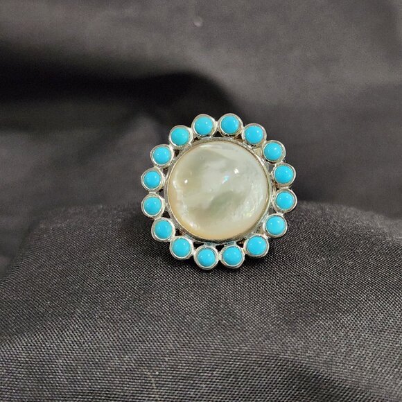 TOUS 925 Silver Pearl And Turquiose Large Statement Ring Size 6